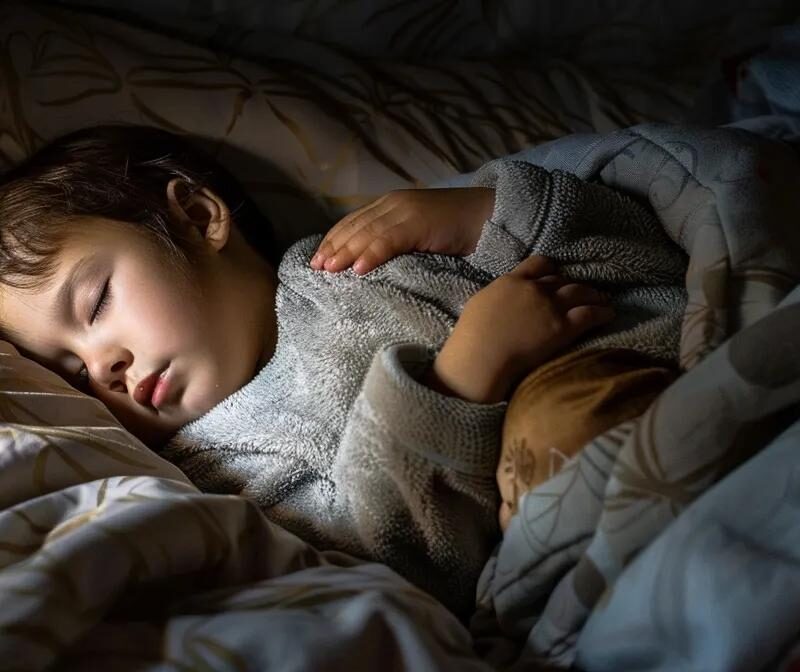 a serene nighttime bedroom scene illuminated by soft moonlight, featuring a peacefully sleeping child nestled under cozy blankets, with gentle shadows highlighting their relaxed expression amidst an atmosphere of tranquility.